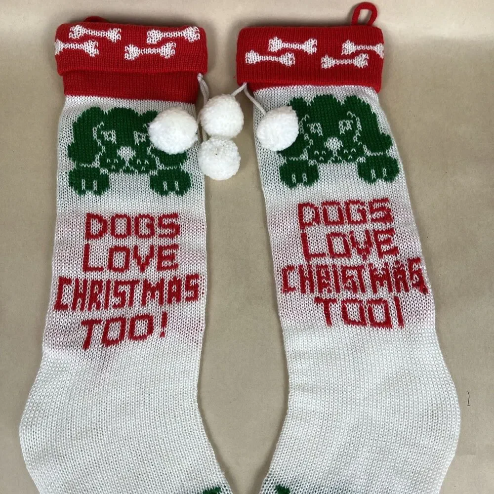 3 VTG 90's Knit Christmas Stocking - SANTA LOVES DOGS TOO & DOGS LOVES XMAS TOO‎
